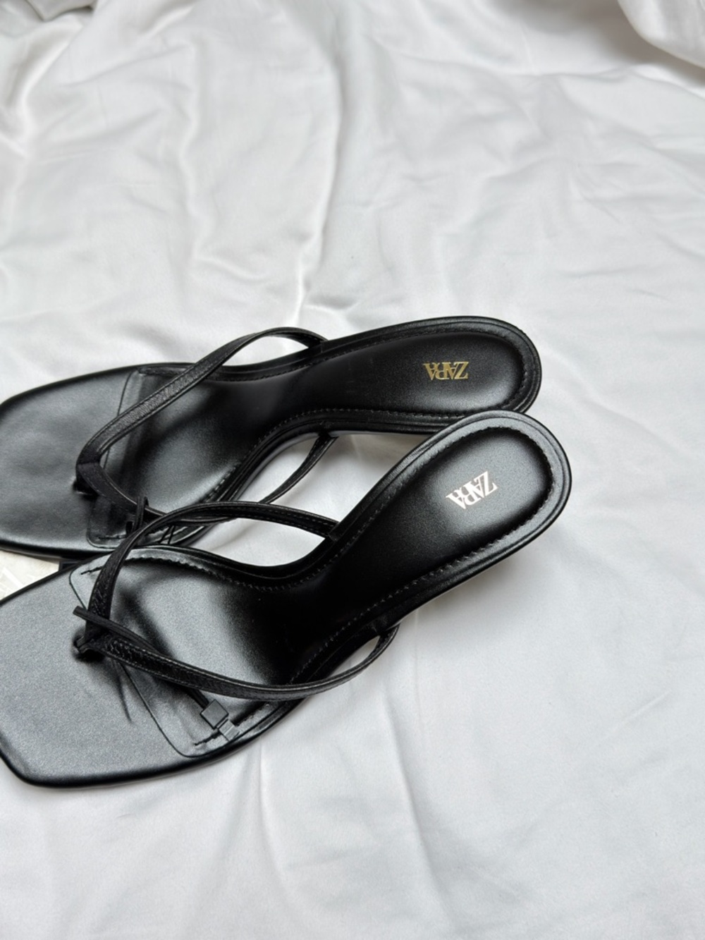 ZARA Black Minimal Strappy Square-Toe Slides